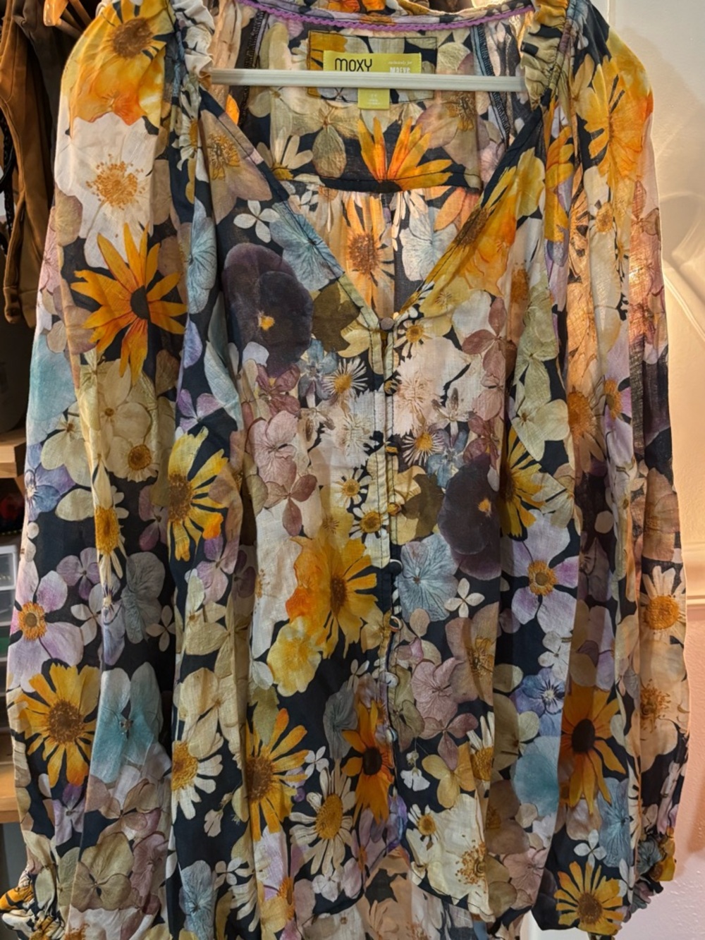 Anthropologie Floral Button-Front Linen Blouse in Yellow, Navy, Cream